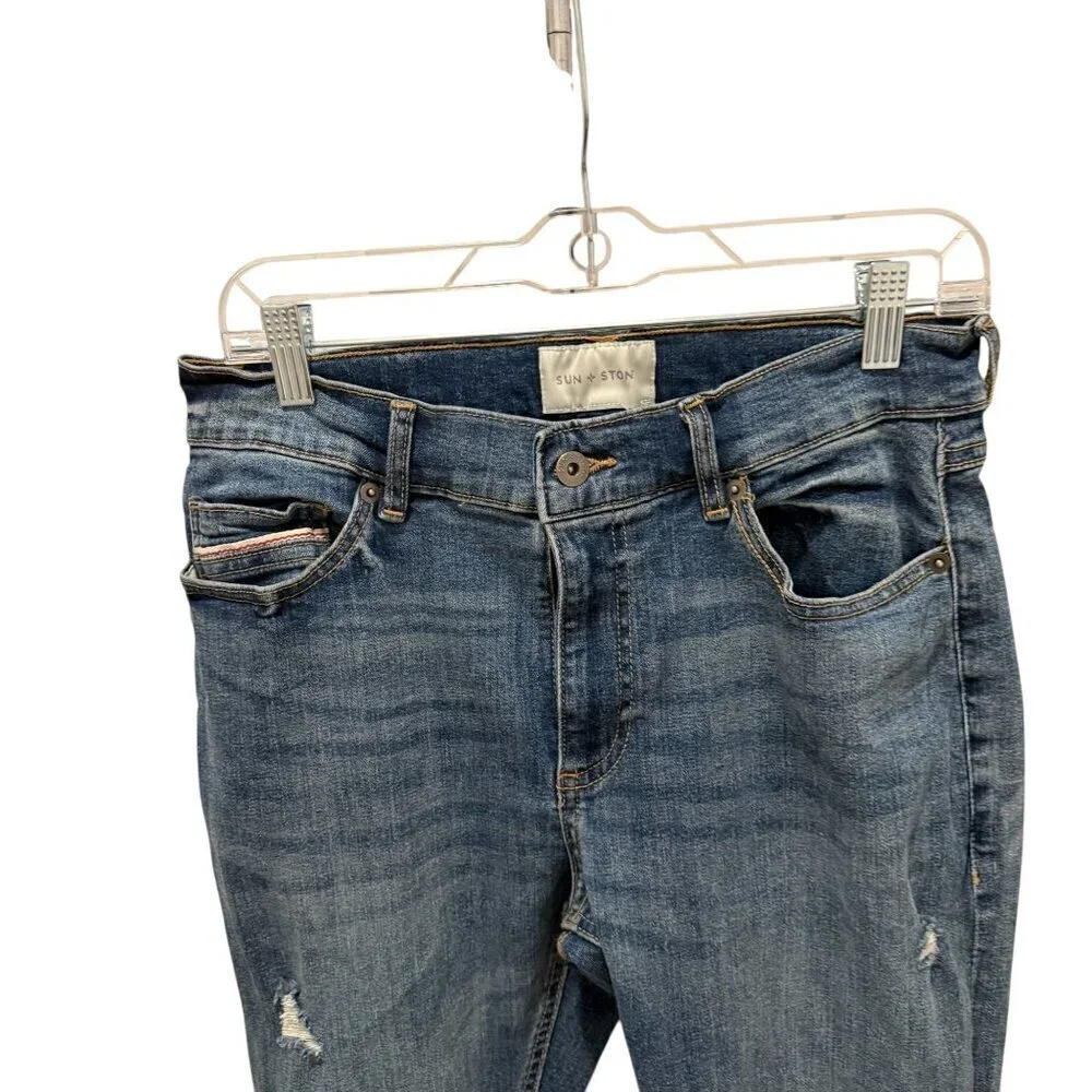 Sun + Stone Mens Distressed Slim-Fit Jeans Medium Wash Blue 32W